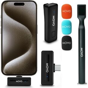 Movo Wireless Mini UC Ultra Compact Wireless Lavalier Microphone for iPhone 15 with WMX-HM Handheld Adapter - Lapel Mic with Handle Mount for Content Creators, Interviews, Reporting and More