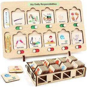 Joyreal Visual Schedule for Kids 3 4 5 6 Years Old, Chores Chart Autism Learning Materials for Home School Classroom, Routine Chart with 75 Wooden Cards and Storage Bag