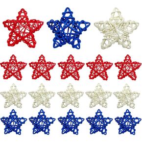 EBaokuup 18PCS 4th of July Natural Rattan Stars, 1.96 Inch Red White and Blue Wicker Rattan Stars for Independence Day Home Decor DIY Craft Vase Bowl Filler Table Decoration