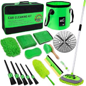 17Pcs Car Wash Kit,62" Car Wash Brush Mop with Long Handle,Car Cleaning Kit,Car Detailing Brush Set,Car Wash Bucket with Dirt Trap,Car Wheel Brush,Complete Interior Car Cleaning Supplies