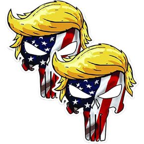 ملصق من الفينيل مطبوع عليه Trumpisher Trump Skull العلم الأمريكي (عبوة من قطعتين) - مقاس 4 × 4 بوصة - لسيارة شاحنة الدفع الرباعي، نافذة ممتص الصدمات، جدار الكمبيوتر المحمول، كأس الكمبيوتر اللوحي وأي سطح أملس