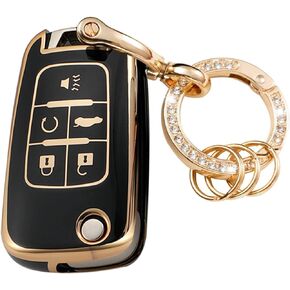 for Chevy Key Fob Cover Compatible with Chevrolet Equinox Camaro Cruze Malibu Impala Sonic GMC Terrain Buick Allure Encore Lacrosse Regal Verano TPU Car Key Case Shell with Metal Keychain black