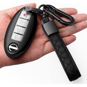 Compatible with Nissan Key Fob Cover with Leather Keychain Soft TPU 360 Degree Protection Key Case for Altima Maxima Rogue Armada Pathfinder Smart Key 3 4 5-Button,Black