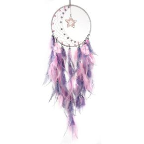 صائدة الأحلام من الريش باللون الوردي والرمادي لغرفة النوم، صائدة الأحلام مع قلادة على شكل نجمة، صائدة الأحلام من شجرة الحياة الكريستالية للهدايا اليدوية المعلقة على الحائط in Kuwait