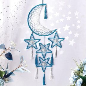 INFUNLY Moon Dream Catchers Large Moon Star Dream Catcher Kit DIY Blue Star Dream Catcher Bohemian Handmade Dream Catcher Ornaments for Wall Decor Large Moon Dream Catcher Making Kit with Instruction