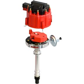 Pertronix D1061 Flame-Thrower HEI Distributor Chevy SB/BB with adjustable vacuum advance canister high dielectric strength red cap and rotor with brass terminals, Black