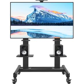Rfiver Mobile TV Cart with Wheels for 65-120 Inch TVs up to 310 lbs, LCD LED OLED Plasma Flat Curved Panels, Heavy Duty Rolling TV Stand, Extra Large Shelf, 3 Height Levels, Max VESA 1000x600, Black