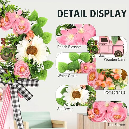 tyl&tys 23.6 '' أكاليل الربيع للباب الأمامي، سيارة وردية عباد الشمس زهرة اصطناعية إكليل، جميع الفصول تستخدم للباب الأمامي نوافذ المنزل جدار حفلات الزفاف مزرعة ديكور داخلي وخارجي أخضر in Kuwait