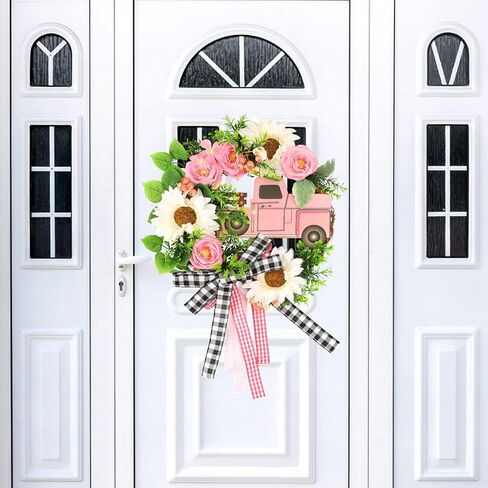 tyl&tys 23.6 '' أكاليل الربيع للباب الأمامي، سيارة وردية عباد الشمس زهرة اصطناعية إكليل، جميع الفصول تستخدم للباب الأمامي نوافذ المنزل جدار حفلات الزفاف مزرعة ديكور داخلي وخارجي أخضر in Kuwait