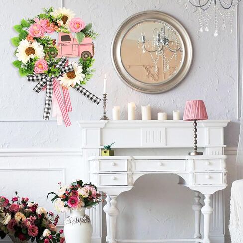 tyl&tys 23.6 '' أكاليل الربيع للباب الأمامي، سيارة وردية عباد الشمس زهرة اصطناعية إكليل، جميع الفصول تستخدم للباب الأمامي نوافذ المنزل جدار حفلات الزفاف مزرعة ديكور داخلي وخارجي أخضر in Kuwait