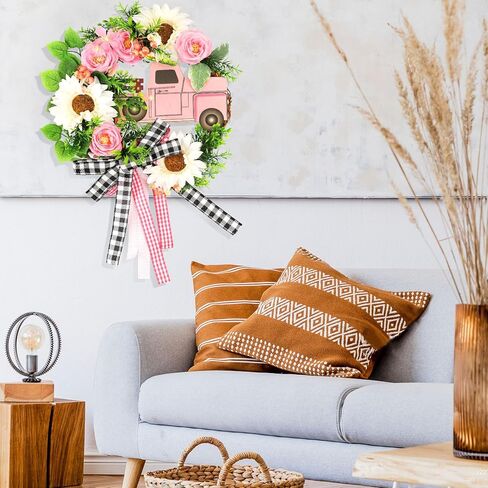 tyl&tys 23.6 '' أكاليل الربيع للباب الأمامي، سيارة وردية عباد الشمس زهرة اصطناعية إكليل، جميع الفصول تستخدم للباب الأمامي نوافذ المنزل جدار حفلات الزفاف مزرعة ديكور داخلي وخارجي أخضر in Kuwait