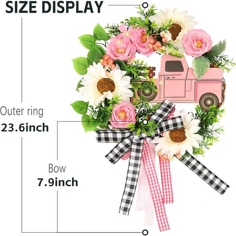 tyl&tys 23.6 '' أكاليل الربيع للباب الأمامي، سيارة وردية عباد الشمس زهرة اصطناعية إكليل، جميع الفصول تستخدم للباب الأمامي نوافذ المنزل جدار حفلات الزفاف مزرعة ديكور داخلي وخارجي أخضر in Kuwait