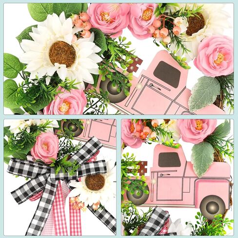 tyl&tys 23.6 '' أكاليل الربيع للباب الأمامي، سيارة وردية عباد الشمس زهرة اصطناعية إكليل، جميع الفصول تستخدم للباب الأمامي نوافذ المنزل جدار حفلات الزفاف مزرعة ديكور داخلي وخارجي أخضر in Kuwait