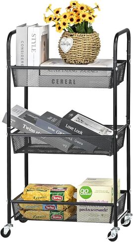 عربة معدنية ذات 3 طبقات بمقبض، عربة تخزين متعددة الوظائف للمكتب وغرفة المعيشة والمطبخ وغرفة الأطفال، منظم تخزين متحرك بعجلات قابلة للقفل، أسود in Kuwait