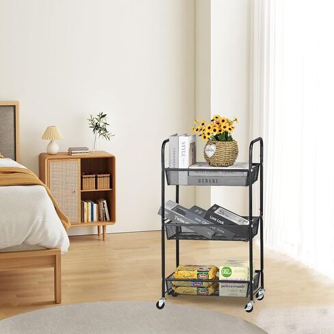 عربة معدنية ذات 3 طبقات بمقبض، عربة تخزين متعددة الوظائف للمكتب وغرفة المعيشة والمطبخ وغرفة الأطفال، منظم تخزين متحرك بعجلات قابلة للقفل، أسود in Kuwait