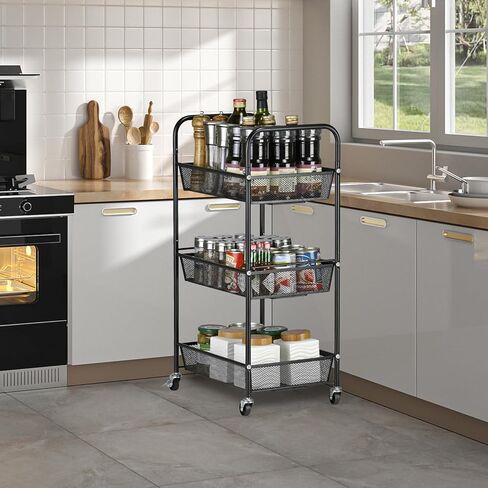 عربة معدنية ذات 3 طبقات بمقبض، عربة تخزين متعددة الوظائف للمكتب وغرفة المعيشة والمطبخ وغرفة الأطفال، منظم تخزين متحرك بعجلات قابلة للقفل، أسود in Kuwait