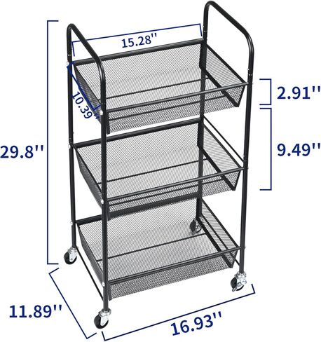 عربة معدنية ذات 3 طبقات بمقبض، عربة تخزين متعددة الوظائف للمكتب وغرفة المعيشة والمطبخ وغرفة الأطفال، منظم تخزين متحرك بعجلات قابلة للقفل، أسود in Kuwait