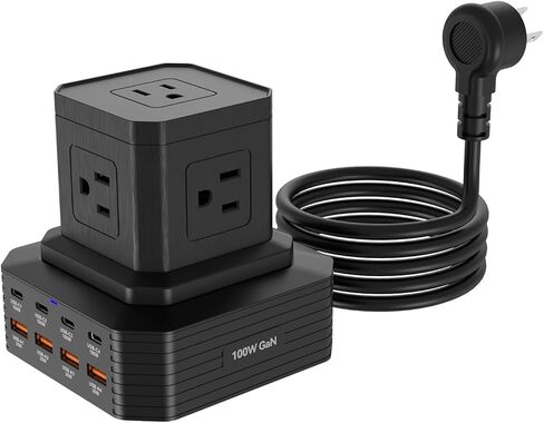 حامي برج التيار الكهربائي مع USB C 100W، محطة شحن سطح المكتب USB مع 4 منافذ USB-C+4USB-A + 5 منافذ تيار متردد، سلك تمديد بطول 6.56 قدم للسفر إلى المنزل والمكتب وأساسيات النوم in Kuwait