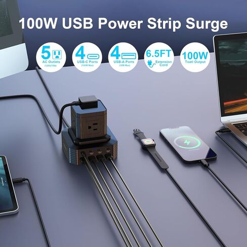 حامي برج التيار الكهربائي مع USB C 100W، محطة شحن سطح المكتب USB مع 4 منافذ USB-C+4USB-A + 5 منافذ تيار متردد، سلك تمديد بطول 6.56 قدم للسفر إلى المنزل والمكتب وأساسيات النوم in Kuwait