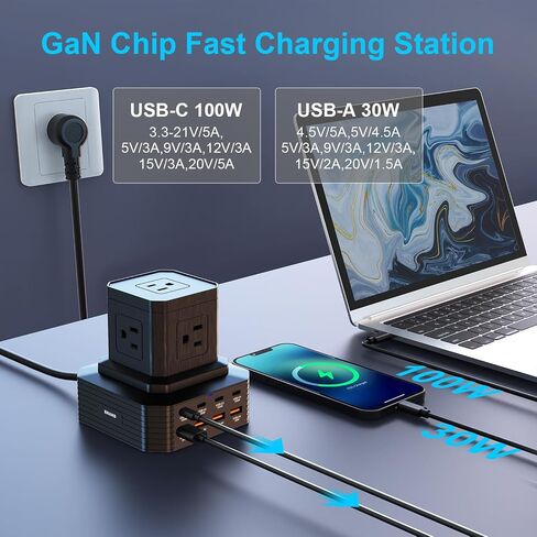 حامي برج التيار الكهربائي مع USB C 100W، محطة شحن سطح المكتب USB مع 4 منافذ USB-C+4USB-A + 5 منافذ تيار متردد، سلك تمديد بطول 6.56 قدم للسفر إلى المنزل والمكتب وأساسيات النوم in Kuwait