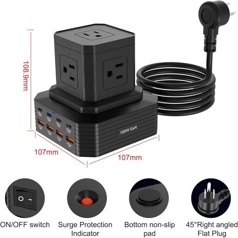 حامي برج التيار الكهربائي مع USB C 100W، محطة شحن سطح المكتب USB مع 4 منافذ USB-C+4USB-A + 5 منافذ تيار متردد، سلك تمديد بطول 6.56 قدم للسفر إلى المنزل والمكتب وأساسيات النوم in Kuwait