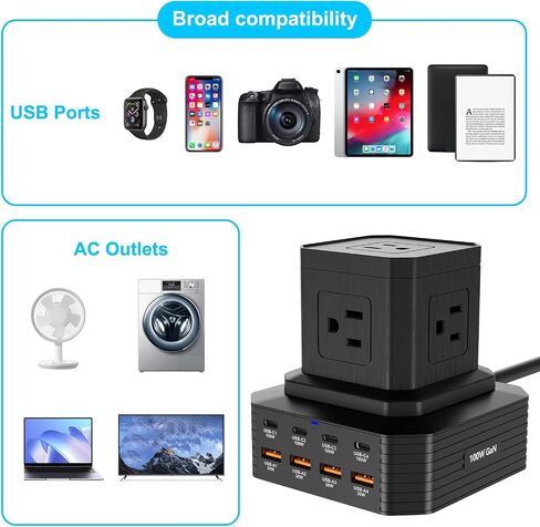 حامي برج التيار الكهربائي مع USB C 100W، محطة شحن سطح المكتب USB مع 4 منافذ USB-C+4USB-A + 5 منافذ تيار متردد، سلك تمديد بطول 6.56 قدم للسفر إلى المنزل والمكتب وأساسيات النوم in Kuwait