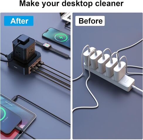 حامي برج التيار الكهربائي مع USB C 100W، محطة شحن سطح المكتب USB مع 4 منافذ USB-C+4USB-A + 5 منافذ تيار متردد، سلك تمديد بطول 6.56 قدم للسفر إلى المنزل والمكتب وأساسيات النوم in Kuwait