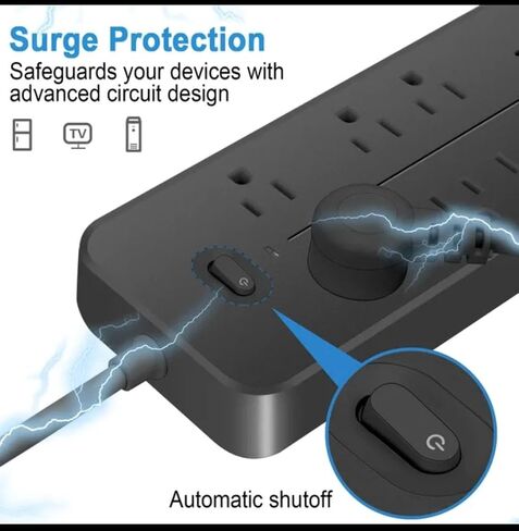 قطاع الطاقة الواقي من زيادة التيار (2000 وات)، 6 منافذ تيار متردد، 3 منافذ USB، 1 لوحة تصحيح ذكية من النوع C بطول سلك 1.2 متر (أسود) in Kuwait