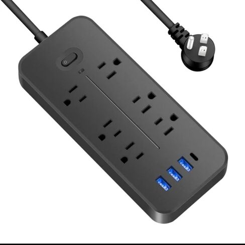 قطاع الطاقة الواقي من زيادة التيار (2000 وات)، 6 منافذ تيار متردد، 3 منافذ USB، 1 لوحة تصحيح ذكية من النوع C بطول سلك 1.2 متر (أسود) in Kuwait