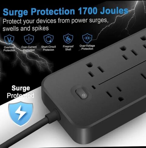 قطاع الطاقة الواقي من زيادة التيار (2000 وات)، 6 منافذ تيار متردد، 3 منافذ USB، 1 لوحة تصحيح ذكية من النوع C بطول سلك 1.2 متر (أسود) in Kuwait