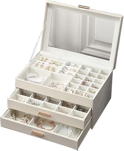 Jewelry Organizer Box, 3 Layers Jewelry Box with Glass Lid, Earrings Rings Necklace Storage Organizer with 2 Drawers Multi-Functional Jewelry Storage Box for Women(White) in Saudi Arabia