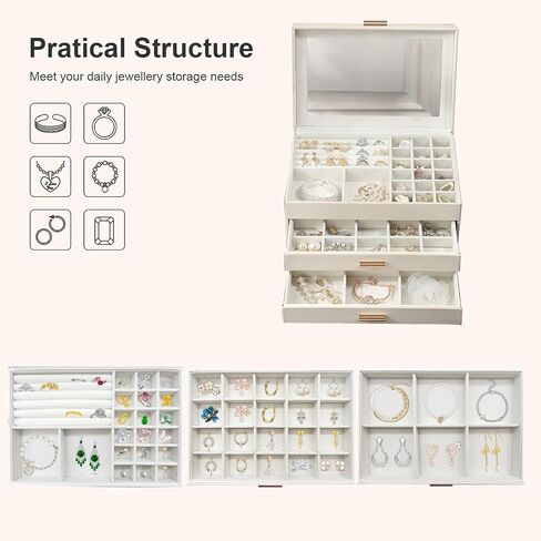 Jewelry Organizer Box, 3 Layers Jewelry Box with Glass Lid, Earrings Rings Necklace Storage Organizer with 2 Drawers Multi-Functional Jewelry Storage Box for Women(White) in Saudi Arabia