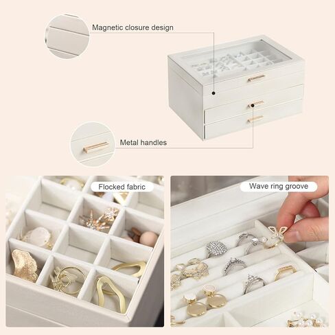Jewelry Organizer Box, 3 Layers Jewelry Box with Glass Lid, Earrings Rings Necklace Storage Organizer with 2 Drawers Multi-Functional Jewelry Storage Box for Women(White) in Saudi Arabia