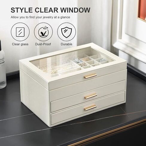 Jewelry Organizer Box, 3 Layers Jewelry Box with Glass Lid, Earrings Rings Necklace Storage Organizer with 2 Drawers Multi-Functional Jewelry Storage Box for Women(White) in Saudi Arabia