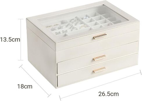 Jewelry Organizer Box, 3 Layers Jewelry Box with Glass Lid, Earrings Rings Necklace Storage Organizer with 2 Drawers Multi-Functional Jewelry Storage Box for Women(White) in Saudi Arabia