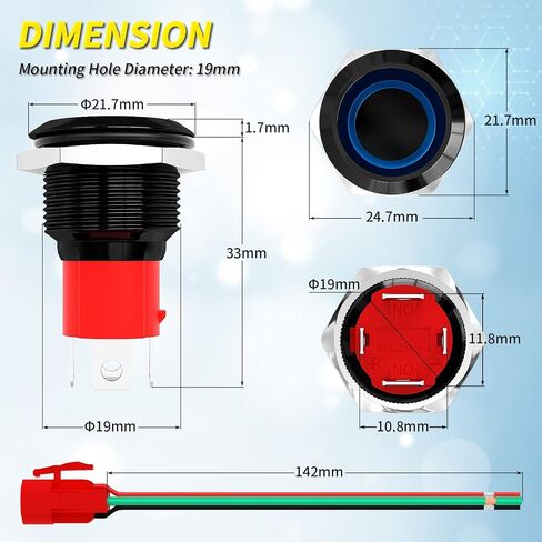 Joinfworld 20A 12V زر التبديل الإغلاق 19MM الضغط على زر التبديل مع 12 فولت الأزرق LED للماء على قبالة التبديل 20 أمبير الثقيلة لشاحنة قارب البحرية سيارة دراجة نارية in Saudi Arabia