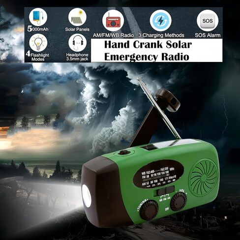 5000mAh Eemergency Radio, NOAA Weather Radio, Portable FM AM Solar Hand Crank Radio with SOS Alarm, Earphone Jack, LED Flashlights Survial Phone Charger for Camping Hiking in Saudi Arabia