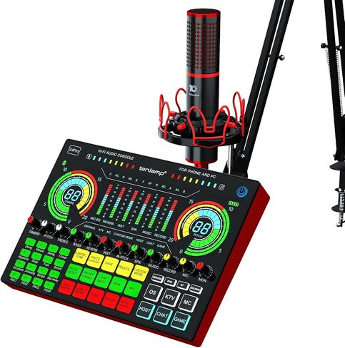 حزمة معدات البودكاست، واجهة صوتية مع خلاط DJ، استوديو إنتاج الكل في واحد مع لوحة صوت وميكروفون مكثف XLR 48 فولت، للهاتف والكمبيوتر الشخصي وتسجيل البث المباشر على YouTube in Saudi Arabia