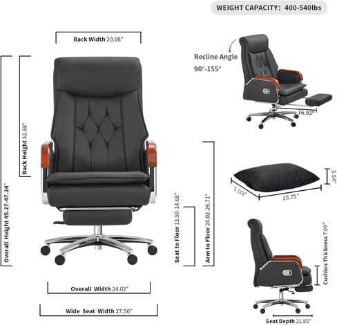 Kinnls Cameron Massage Chair Genuine Leather Executive Office Chair for Long Hours Ergonomic Home Chair Fully Reclining with Pillow,Retractable Footrest and Adjustable Headrest (Cowhide Leather-Black) in Saudi Arabia