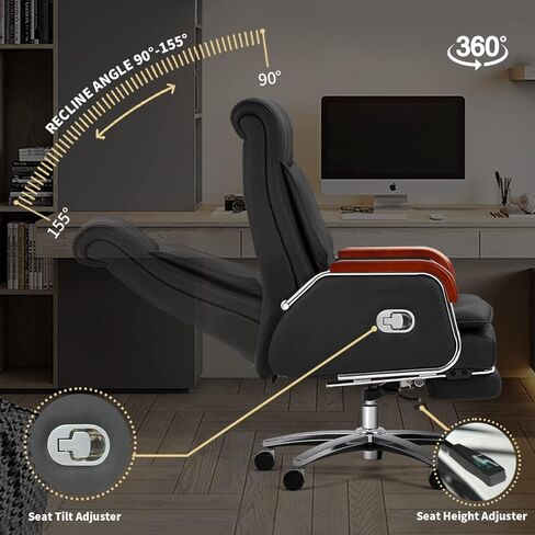 Kinnls Cameron Massage Chair Genuine Leather Executive Office Chair for Long Hours Ergonomic Home Chair Fully Reclining with Pillow,Retractable Footrest and Adjustable Headrest (Cowhide Leather-Black) in Saudi Arabia