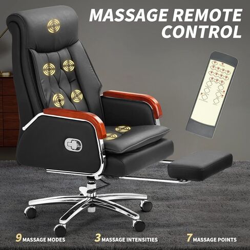 Kinnls Cameron Massage Chair Genuine Leather Executive Office Chair for Long Hours Ergonomic Home Chair Fully Reclining with Pillow,Retractable Footrest and Adjustable Headrest (Cowhide Leather-Black) in Saudi Arabia