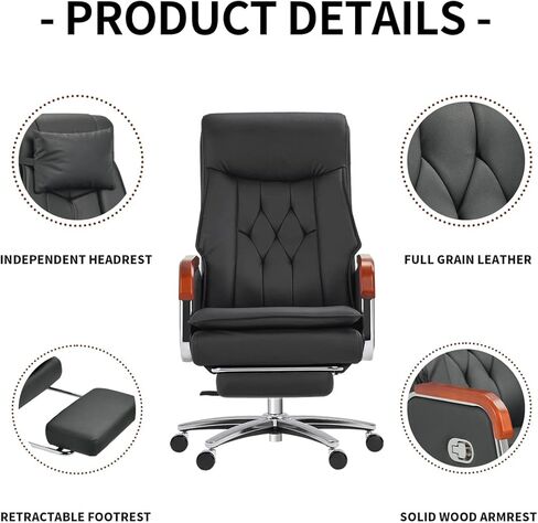 Kinnls Cameron Massage Chair Genuine Leather Executive Office Chair for Long Hours Ergonomic Home Chair Fully Reclining with Pillow,Retractable Footrest and Adjustable Headrest (Cowhide Leather-Black) in Saudi Arabia