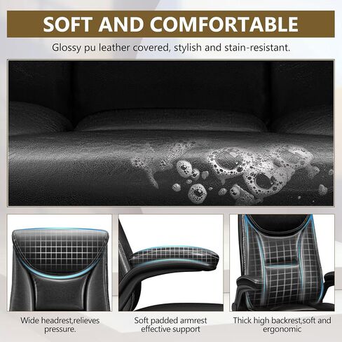 Ergonomic Office Chair, Big and Tall Executive Home Office Desk Chair, Shiny Leather Swivel Computer Chair with High Back, Wheels, Lumbar Support, Footrest（Black） in Saudi Arabia