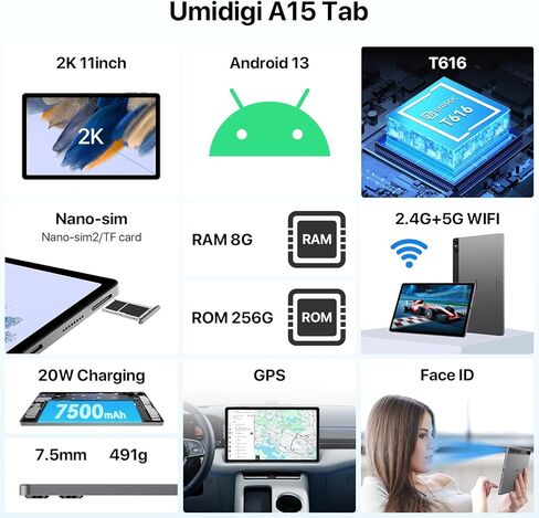 تابلت UMIDIGI A15 Tab، 2K Vivid 11 بوصة FHD+ شاشة لمس كبيرة Android 13 Tablet 2024، 16(8+8) جيجابايت+256 جيجابايت 1 تيرابايت مع معالج ثماني النواة يصل إلى 2.0 جيجاهرتز، 7500 مللي أمبير في الساعة مع شحن سريع 20 وات، 13 ميجابكسل + 8 ميجابكسل in Kuwait
