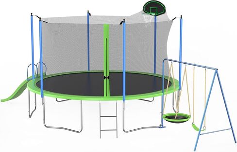 ترامبولين بطول 12 قدمًا مع منزلق وأراجيح وحلقة كرة السلة، وغطاء أمان وسلم، ترامبولين للأطفال في الهواء الطلق مع شبكة، وترامبولين ترفيهية كبيرة للفناء الخلفي - موافقة ASTM in Kuwait