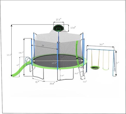 ترامبولين بطول 12 قدمًا مع منزلق وأراجيح وحلقة كرة السلة، وغطاء أمان وسلم، ترامبولين للأطفال في الهواء الطلق مع شبكة، وترامبولين ترفيهية كبيرة للفناء الخلفي - موافقة ASTM in Kuwait