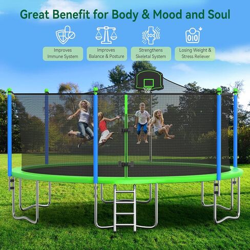 16FT Trampoline for Kids Recreational Trampolines with Safety Enclosure Net Basketball Hoop and Ladder, Outdoor Backyard Bounce for 6-8 Children and Adults in Kuwait