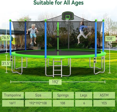 16FT Trampoline for Kids Recreational Trampolines with Safety Enclosure Net Basketball Hoop and Ladder, Outdoor Backyard Bounce for 6-8 Children and Adults in Kuwait