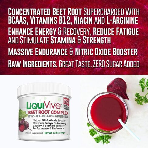 مسحوق عصير جذر البنجر LiquiVive®، مكمل معزز لأكسيد النيتريك | مع الأحماض الأمينية BCAA، وفيتامين ب12، وب3 نياسين، ول-أرجينين | لا. مزيج مشروب الطاقة الأمينية من أجل التحمل والدورة الدموية in Saudi Arabia