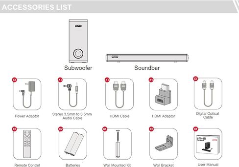 أشرطة صوت بقوة 100 وات للتلفزيون مع مضخم صوت كبير مقاس 5.25 بوصة، شريط صوت محيطي منزلي للتلفزيون الذكي مع اتصال ARC/AUX/USB/بصري in Kuwait